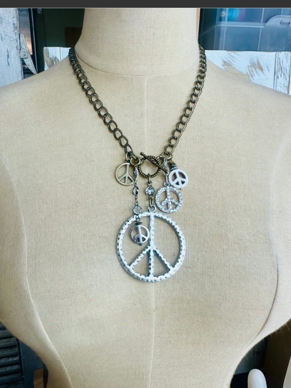 New Boho Gypsy Peace Necklace Vintage-Inspired Pendant in White & Antique Gold